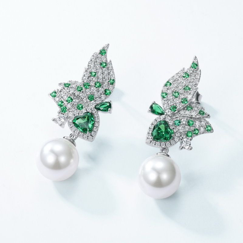 New S925 sterling silver gold-plated pearl earrings butterfly light luxury style full inlaid green zircon earrings