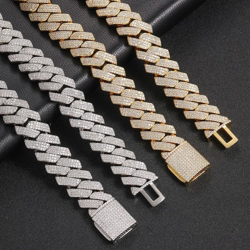 fashion brand mens bracelet 20mm flip buckle three-row zircon diamond Cuban chain thick hip-hop necklace wholesale