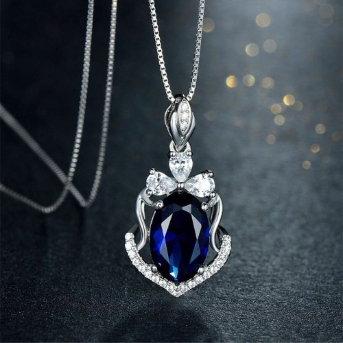 S925 sterling silver necklace inlaid with sapphire pendant