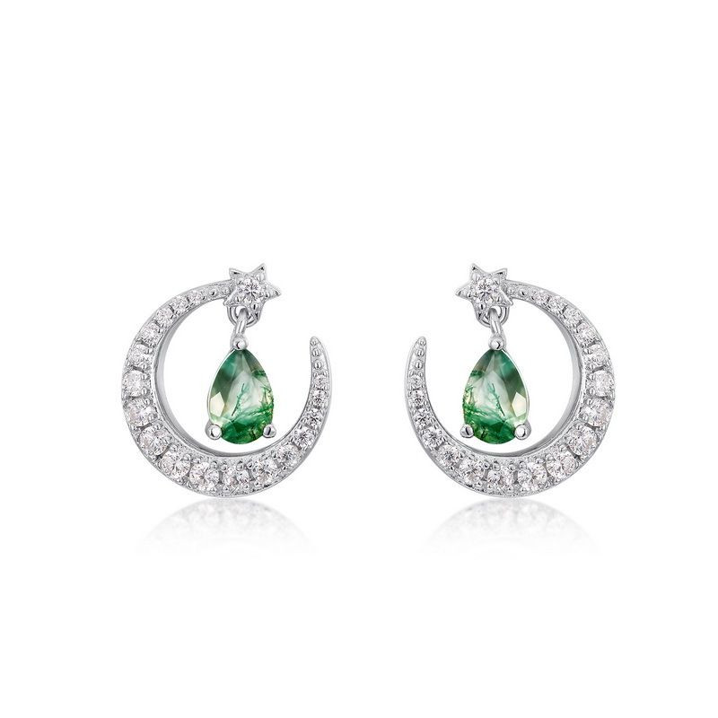 S925 silver fashionable personality moon earrings green moss earrings high-grade feeling full diamond earrings