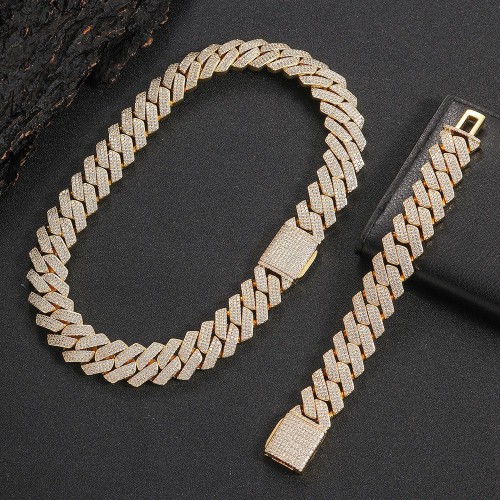 fashion brand mens bracelet 20mm flip buckle three-row zircon diamond Cuban chain thick hip-hop necklace wholesale