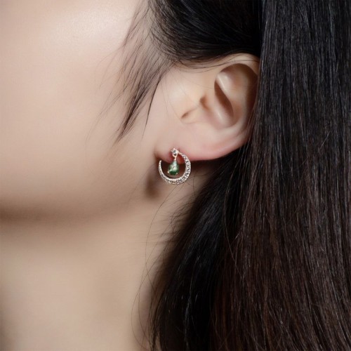 S925 silver fashionable personality moon earrings green moss earrings high-grade feeling full diamond earrings